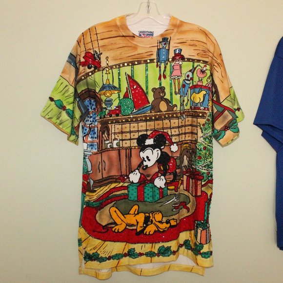 vintage 90s Disney by Joujou Christmas beaded sequin t-shirt Mickey's Workshop - Picture 1 of 16